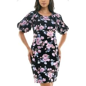 Nina Leonard Pleat Puff Sleeve Floral Dress